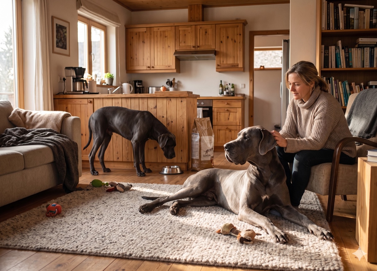 Karin at home with two of her blue Great Danes