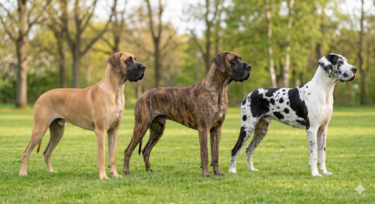 Three Great Danes in fawn, brindle and harlequin coats standing side by side on grass