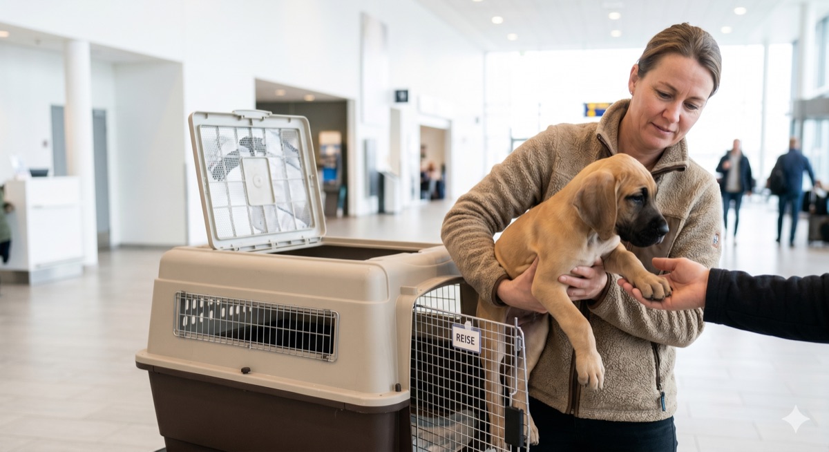 A woman holding a fawn Great Dane puppy beside an airline travel crate at an airport