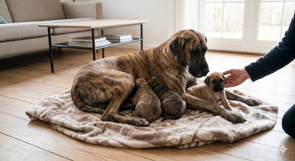 A brindle Great Dane mother lying with her puppies while a person gently greets one